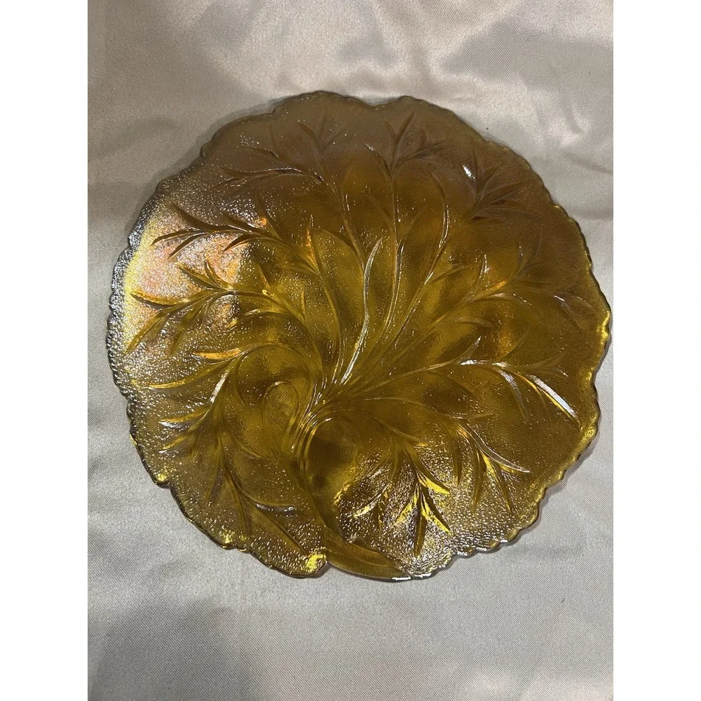 2- VTG Indiana Glass Iridescent Marigold Branch Carnival Glass Plate 10